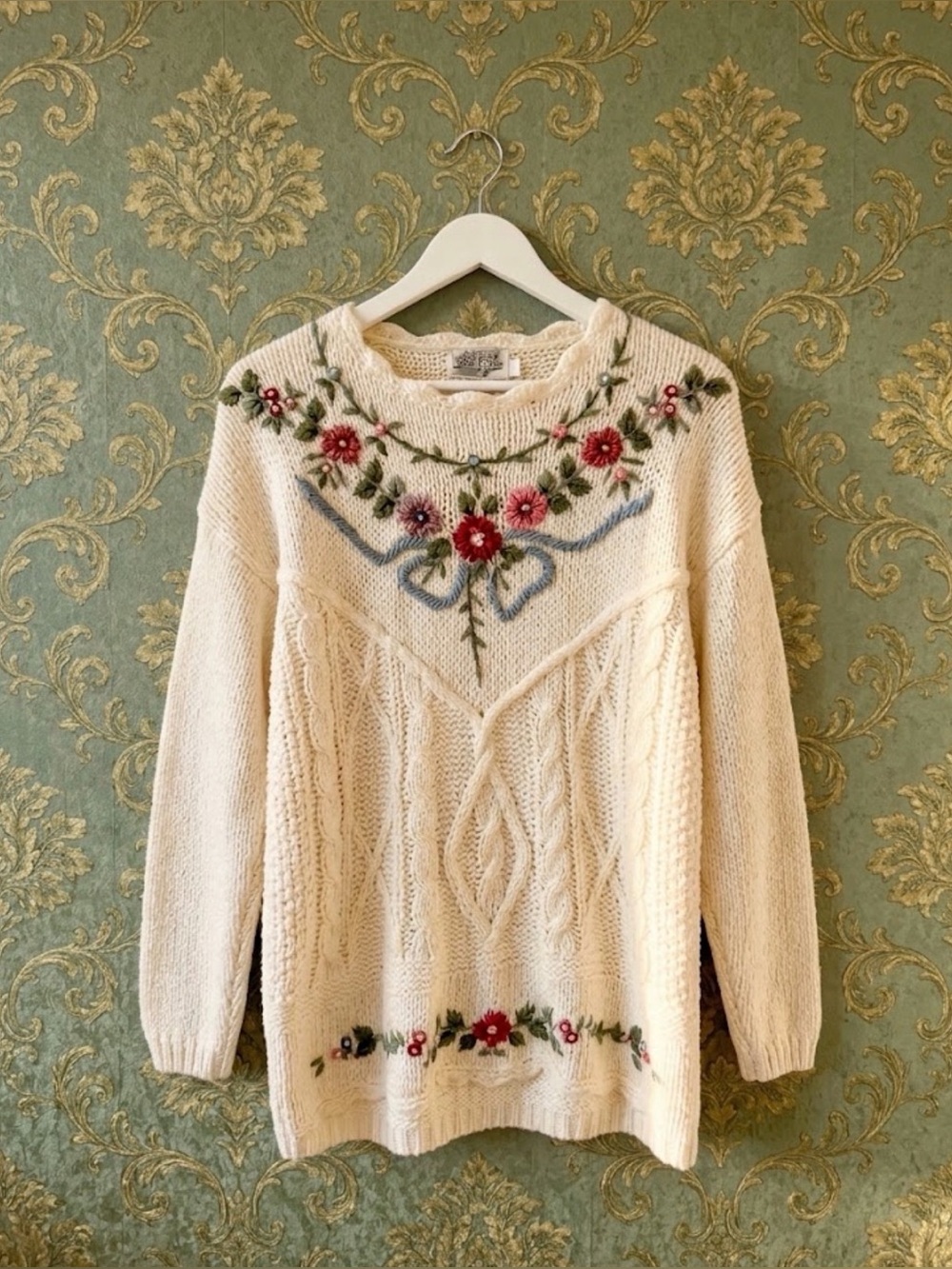 Vintage Cream Hand-Knit Cottagecore Sweater with Floral Embroidery